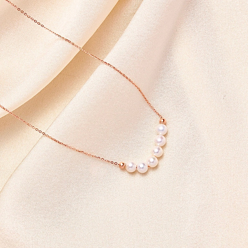 Solid 18K Rose Gold Genuine Freshwater Pearl 6 Sense Necklace