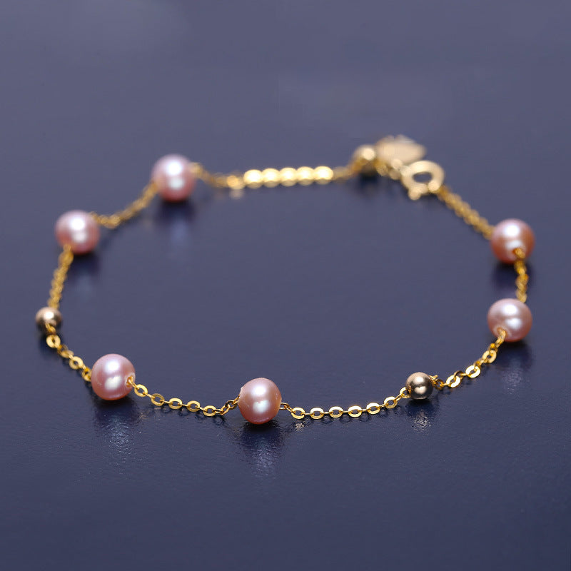 Solid 18K Gold Genuine Freshwater Purple Pearl Gypsophila Bracelet