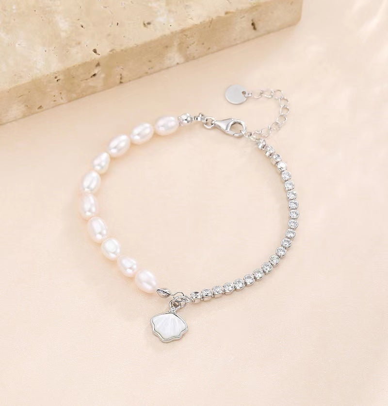 Genuine Freshwater Pearl Solid S925 Silver Shell Bracelet