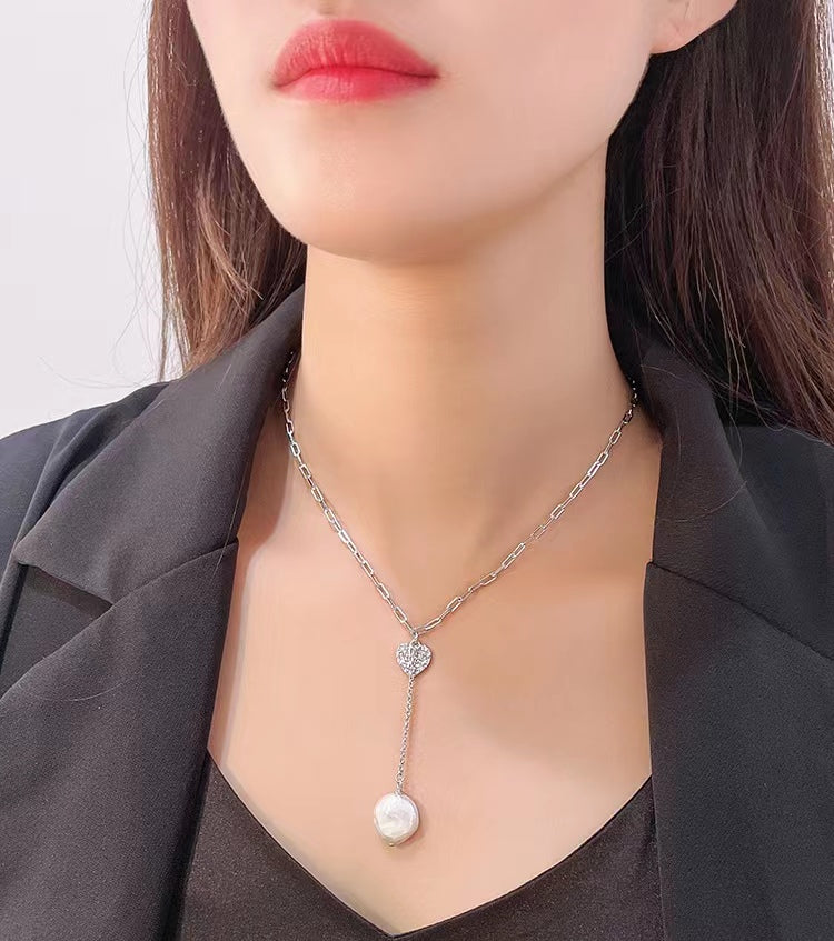 Genuine Baroque Pearl Solid S925 Silver Lucky Heart Necklace