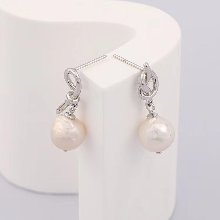Genuine Baroque Pearl Solid S925 Silver God's Knot Earrings