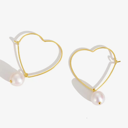 Genuine Baroque Pearl Solid S925 Silver Heart Earrings