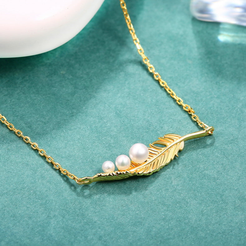 Genuine Natural Freshwater Pearl Golden Feather Necklace