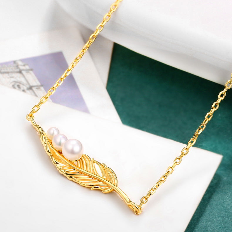 Genuine Natural Freshwater Pearl Golden Feather Necklace