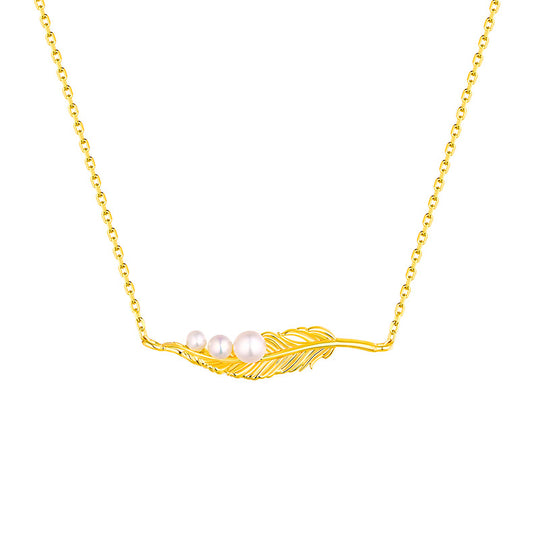 Genuine Natural Freshwater Pearl Golden Feather Necklace