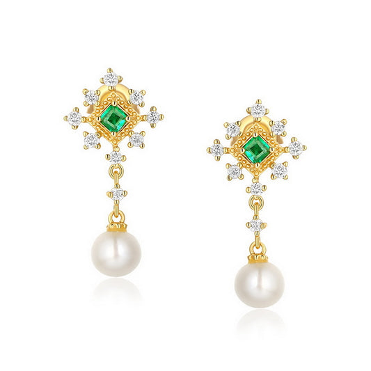 Natural Emerald and Genuine Natural Freshwater Pearl Wizard of Oz Earrings