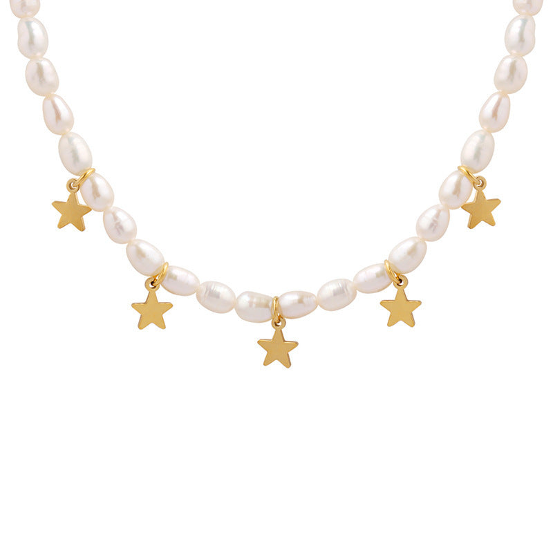 Genuine Freshwater Pearl Titanium Steel Stars Necklace