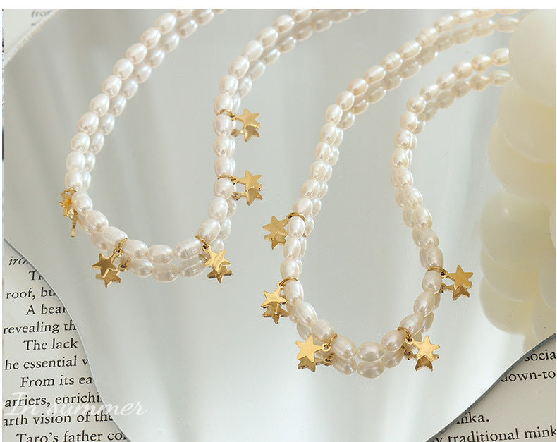 Genuine Freshwater Pearl Titanium Steel Stars Necklace