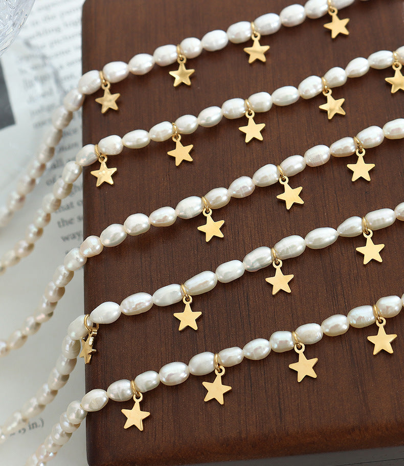 Genuine Freshwater Pearl Titanium Steel Stars Necklace