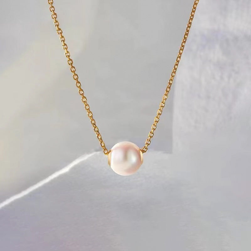 Solid 18K Gold Genuine Freshwater 11-12mm White Pearl Floating Candy Necklace
