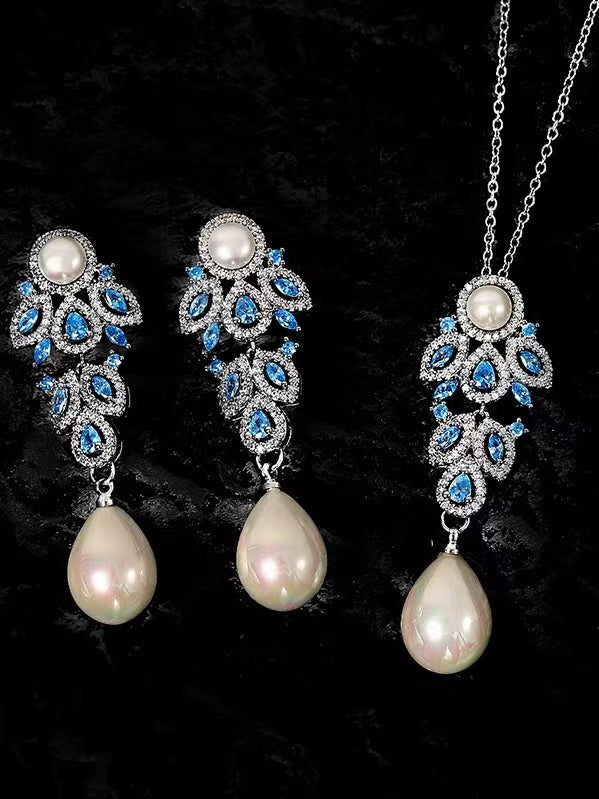 Genuine Freshwater Pearl Blue Diamond Set