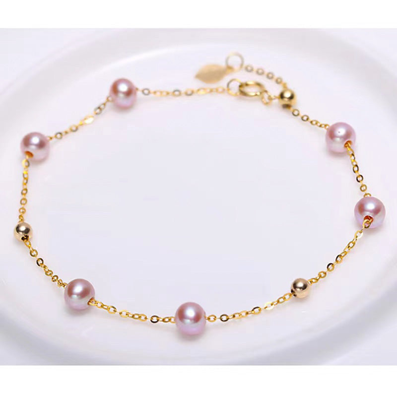 Solid 18K Gold Genuine Freshwater Purple Pearl Gypsophila Bracelet