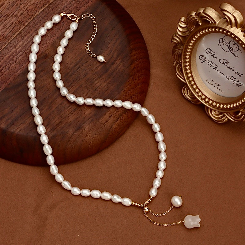 Genuine Freshwater Baroque Pearl Jade Rose Necklace