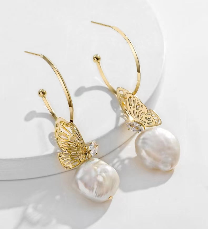 Genuine Baroque Pearl Butterfly Earrings