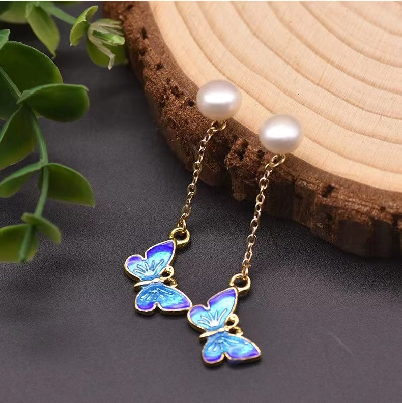 Genuine Freshwater Baroque Pearl Blue Butterfly Earrings (Limited Edition)