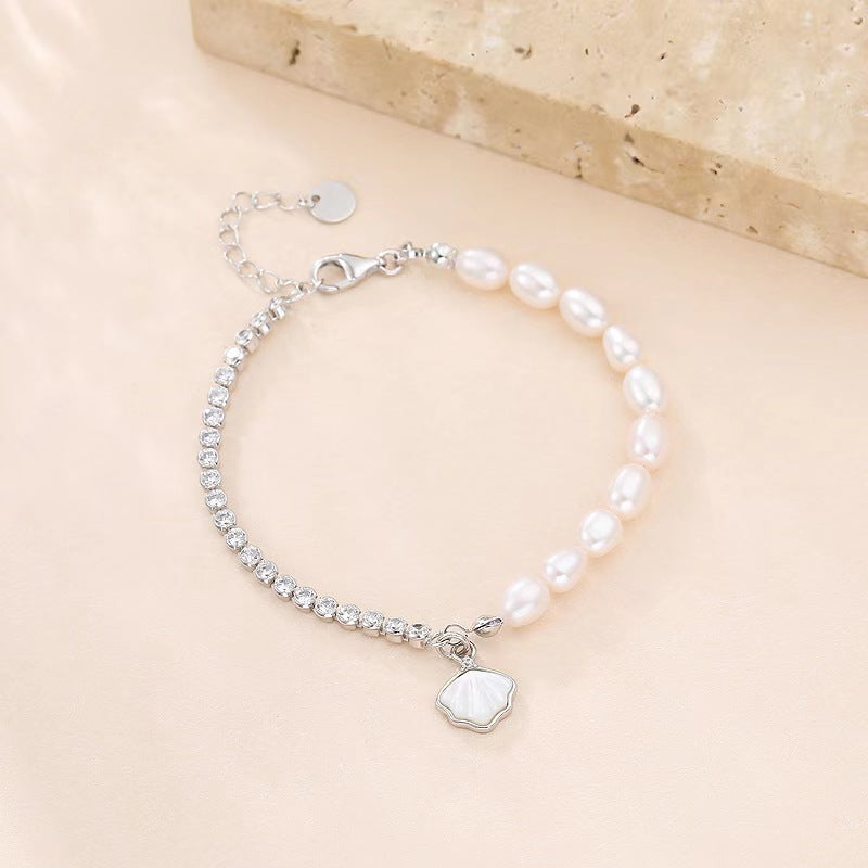 Genuine Freshwater Pearl Solid S925 Silver Shell Bracelet