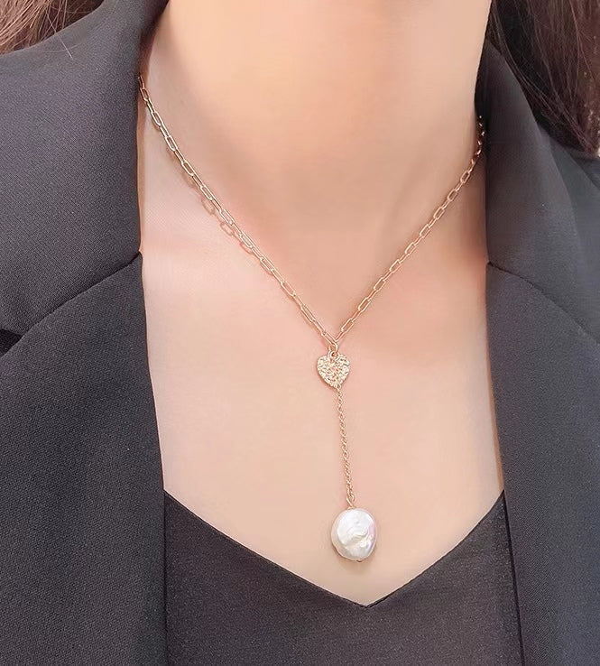 Genuine Baroque Pearl Solid S925 Silver Lucky Heart Necklace