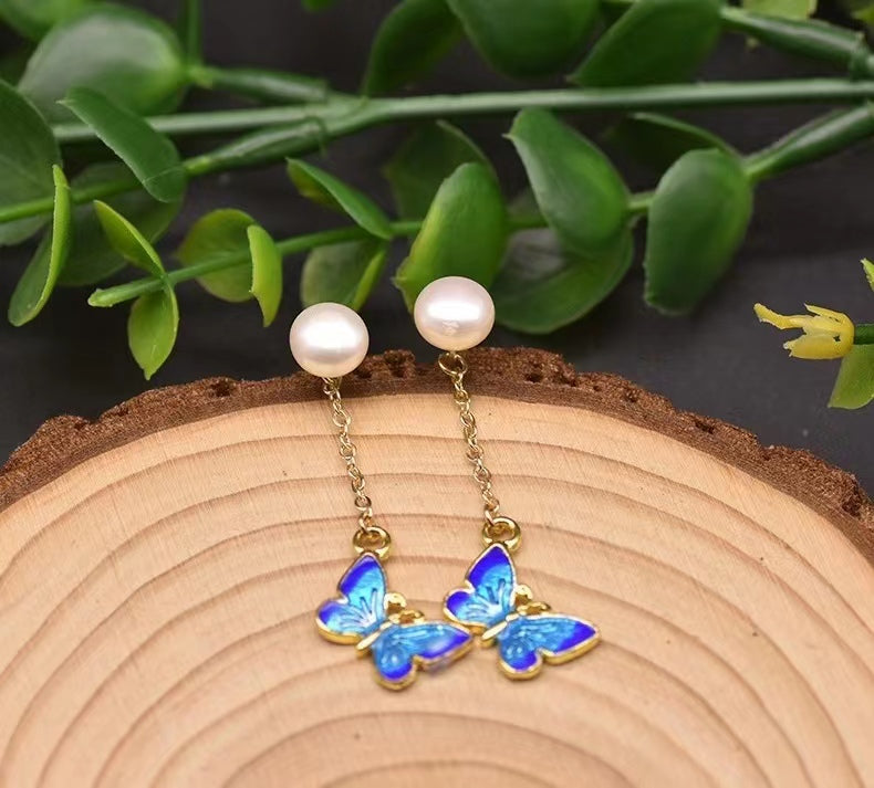 Genuine Freshwater Baroque Pearl Blue Butterfly Earrings (Limited Edition)