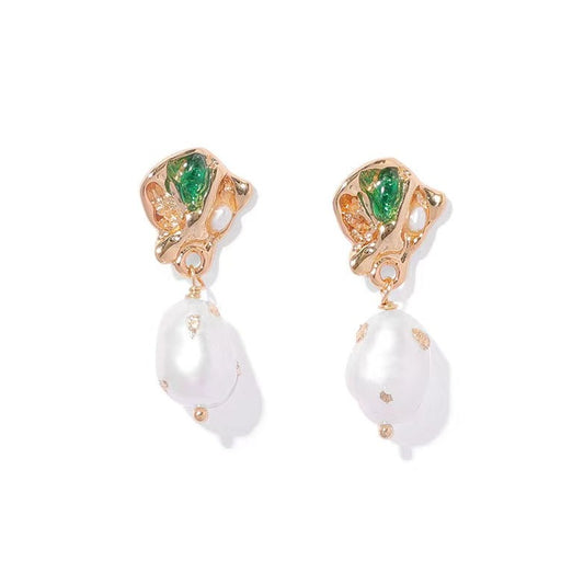 Genuine Freshwater Baroque Pearl Emerald Earrings
