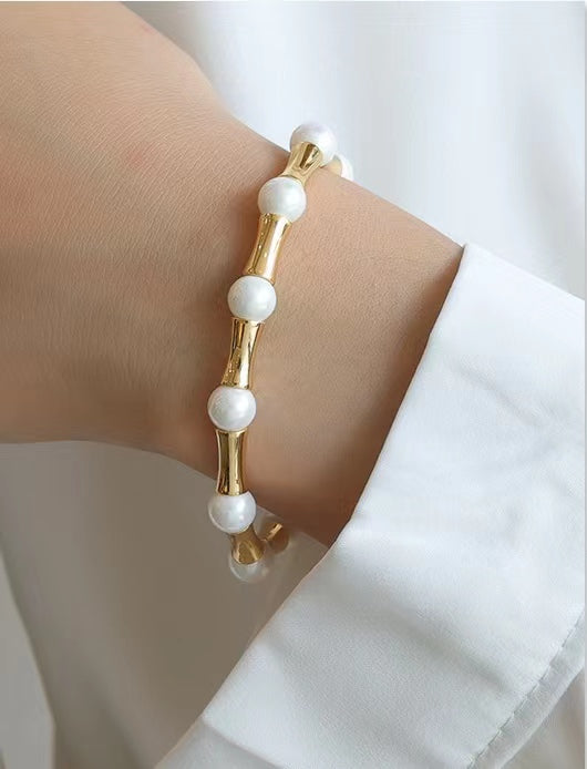 Genuine Freshwater Pearl Bamboo Link Bracelet