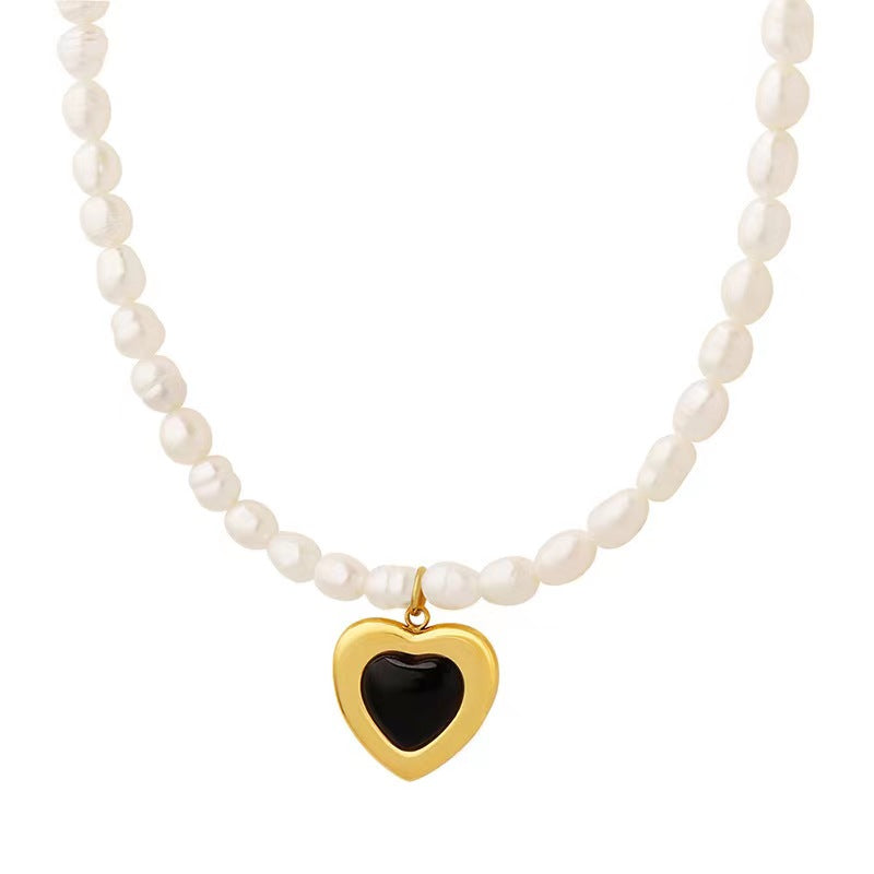 Genuine Freshwater Pearl Titanium Steel Cool Heart Necklace