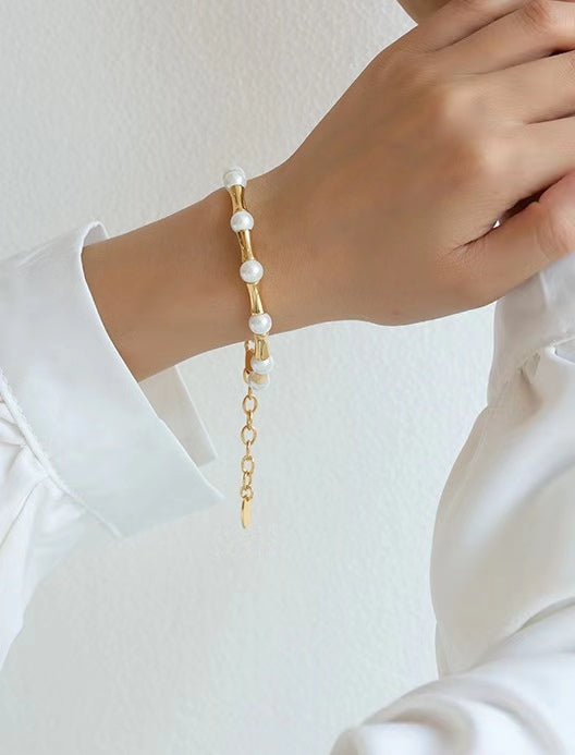 Genuine Freshwater Pearl Bamboo Link Bracelet