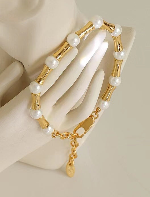 Genuine Freshwater Pearl Bamboo Link Bracelet