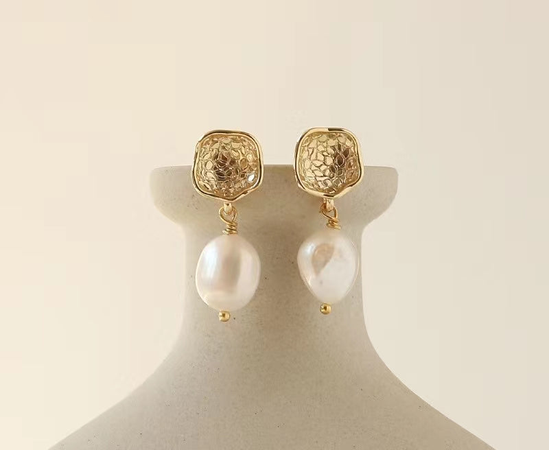 Genuine Freshwater Baroque Pearl Gold Flap Earrings