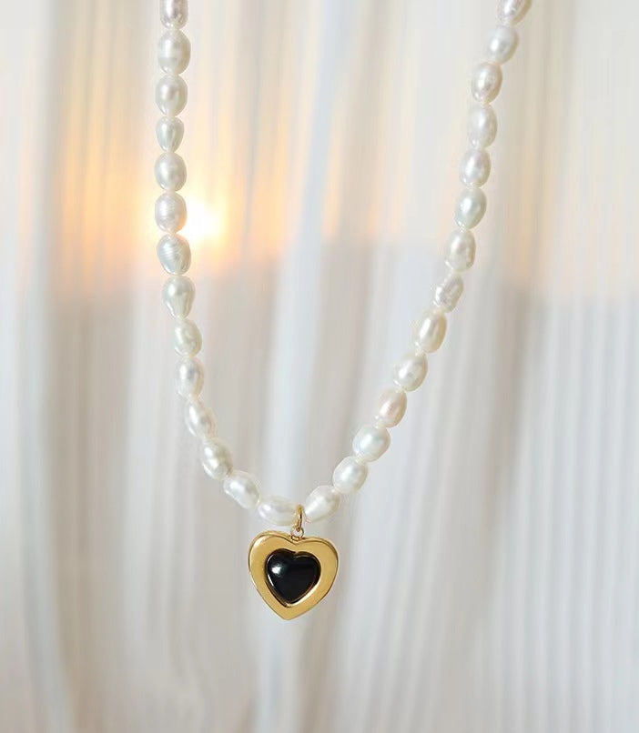 Genuine Freshwater Pearl Titanium Steel Cool Heart Necklace