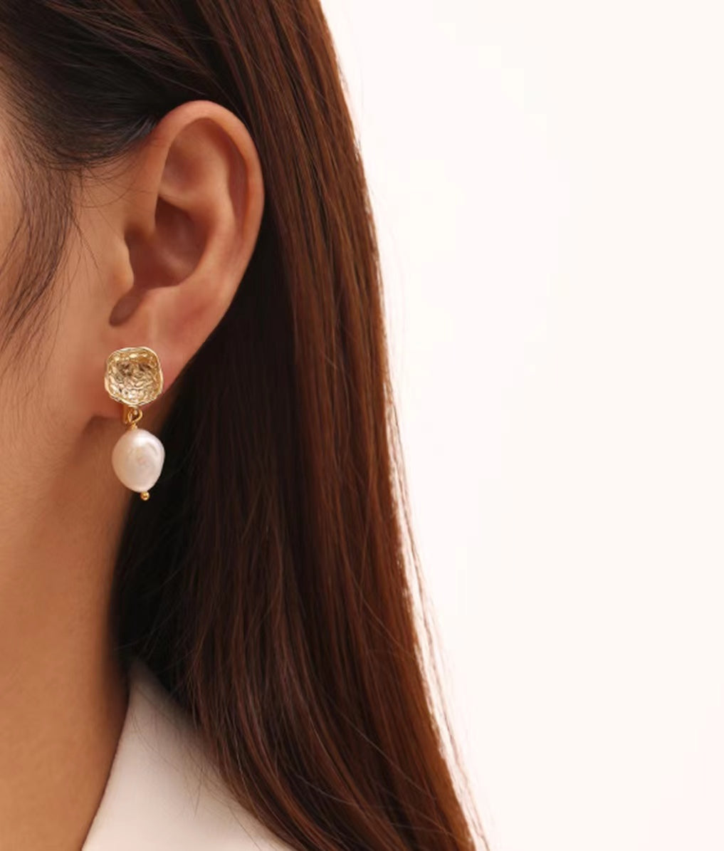 Genuine Freshwater Baroque Pearl Gold Flap Earrings