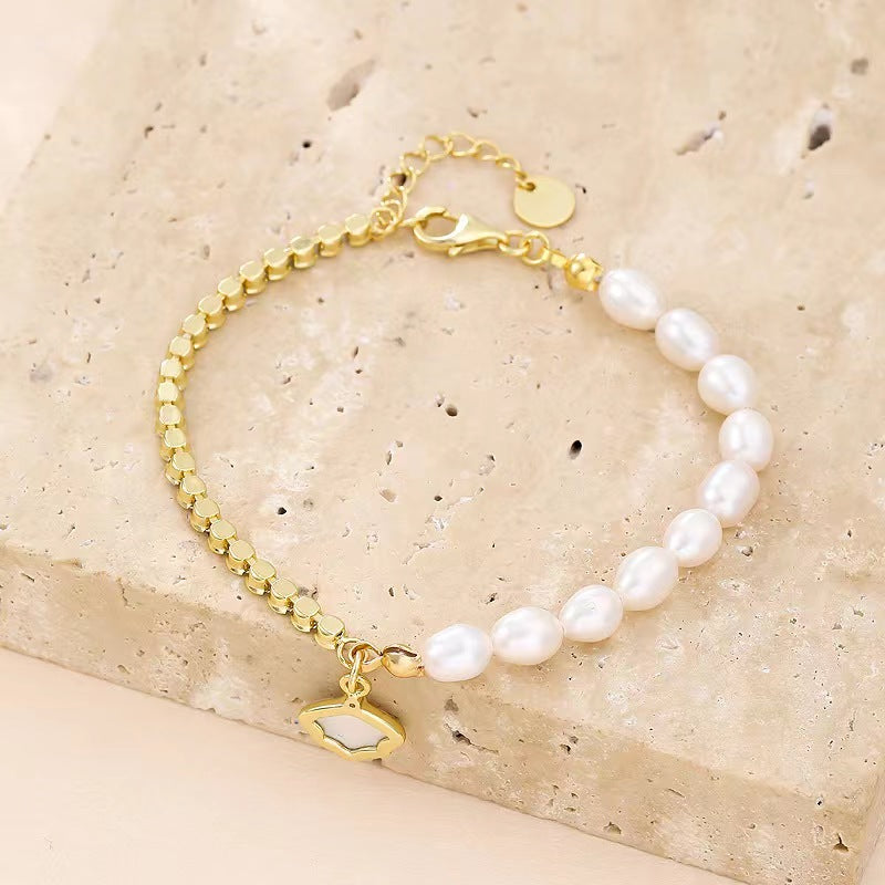 Genuine Freshwater Pearl Solid S925 Silver Shell Bracelet