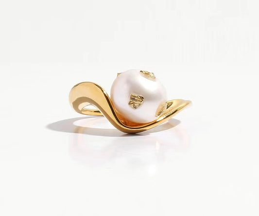 Genuine Freshwater Baroque Pearl Gold Grain Ring