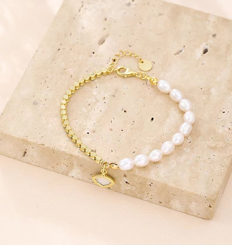 Genuine Freshwater Pearl Solid S925 Silver Shell Bracelet