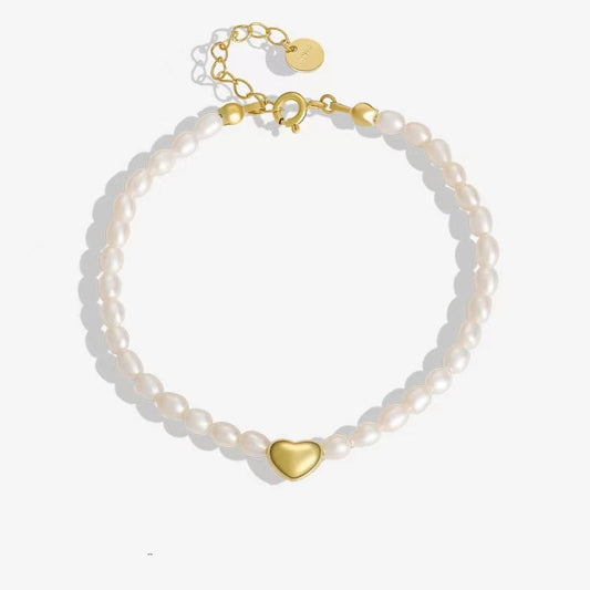 Genuine Freshwater Pearl Solid S925 Silver Love Heart Bracelet